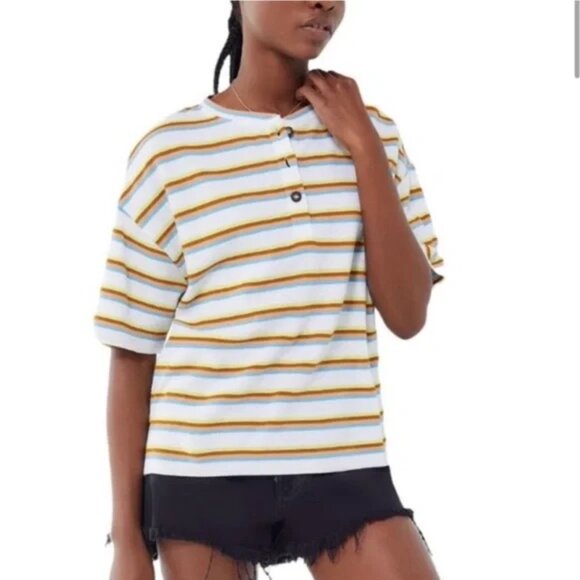 Urban Outfitters Relaxed Fit Multicolor Striped Textured Henley Shirt | XS - Picture 2 of 7